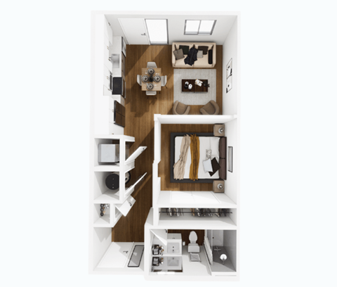 A top down view of a small apartment with a kitchen, living room and bathroom.